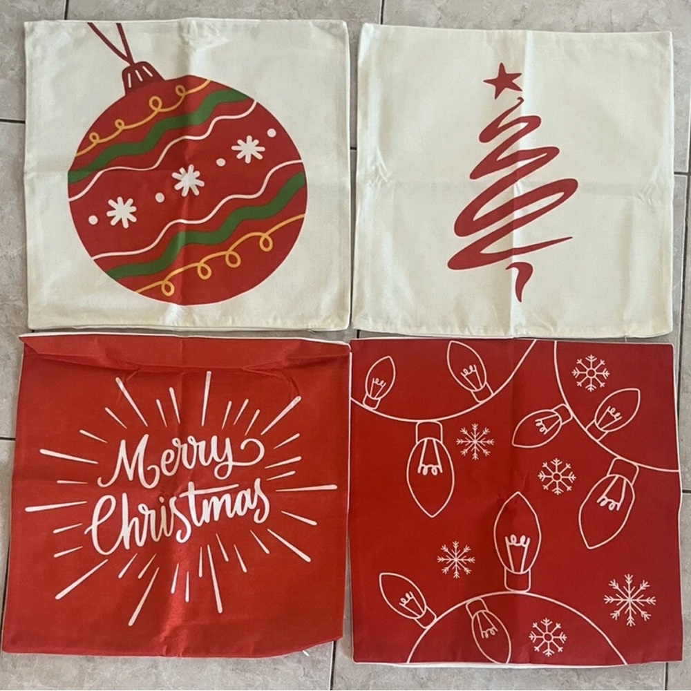 Pack of 4 Merry Christmas Bulb Tree Red White 18x18 Pillow Covers